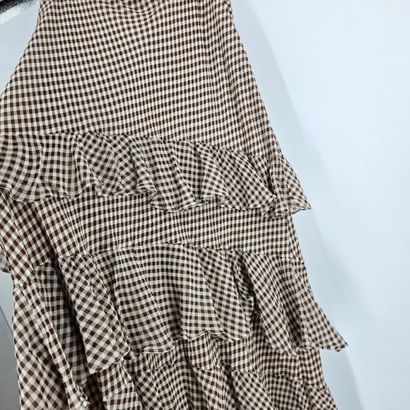 RIXO Preslee Tiered Ruffle Maxi Skirt Brown Gingham Boho Festive Flowy Prairie 8 - Picture 4 of 9